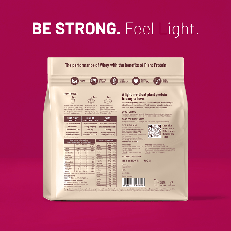 Slurrp Farm Mille Plant Protein | 31g/Scoop | Unflavoured | Fermented Yeast Protein | No Bloat I Vegan  | 500g