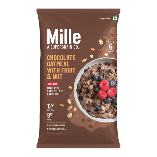 Mille Supergrain Chocolate Oats with millets | Power of 5 Grains, Flax seeds, Almonds & Raisins | 100% real cocoa | Breakfast Oats 400g