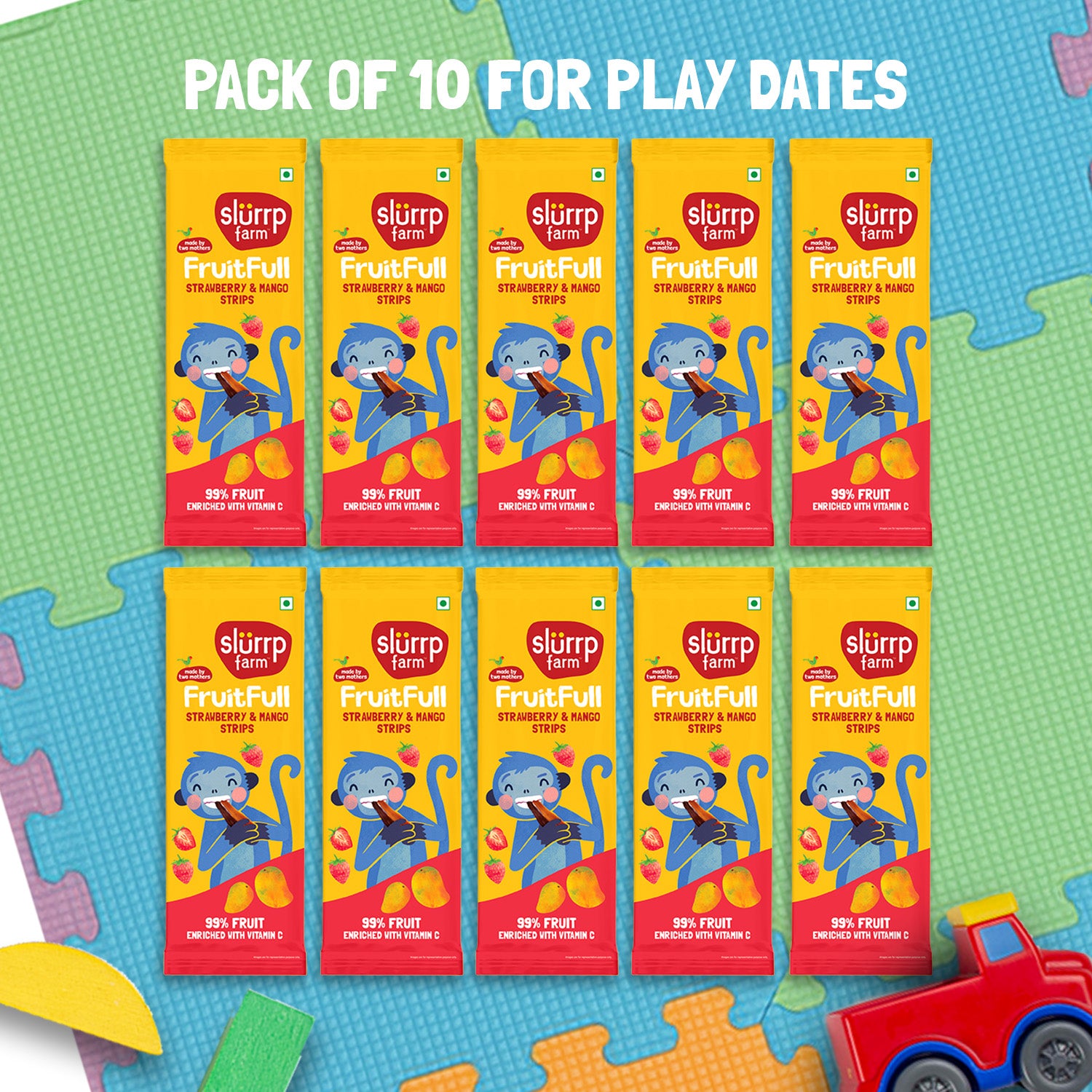 Slurrp Farm Fruitfull Made with 99% Fruit | FruitFull Strips - Pack of 10 for Play Dates | Strawberry and Mango