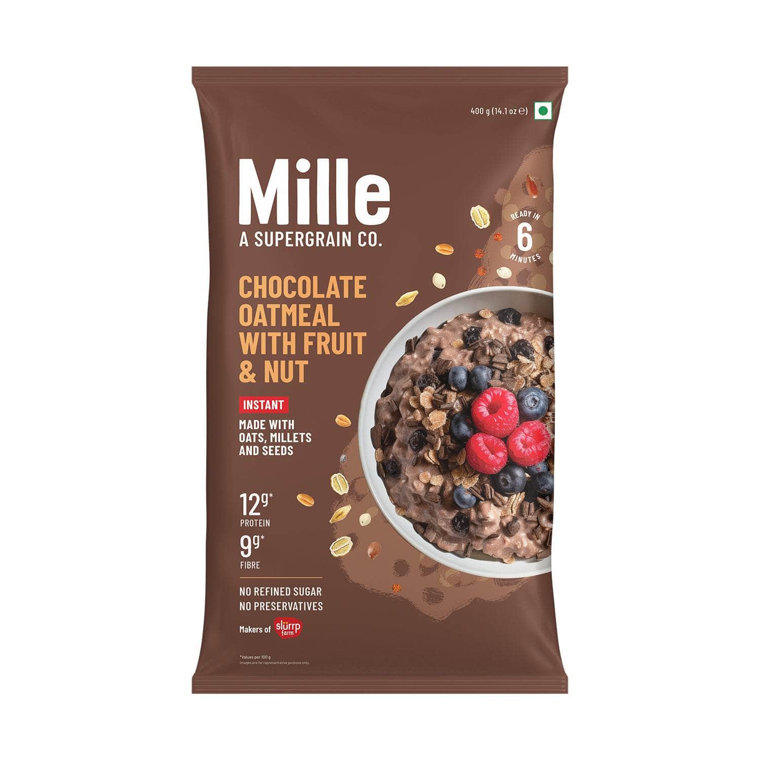 Mille Supergrain Mille Instant Chocolate Oats with Ragi, Jowar | Power of 5 Grains, Flax seeds, Almonds & Raisins | 100% real cocoa | Breakfast Oats 400g