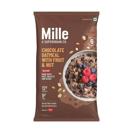 Mille Instant Chocolate Oats with Ragi, Jowar | Power of 5 Grains, Flax seeds, Almonds & Raisins | 100% real cocoa | Breakfast Oats 400g