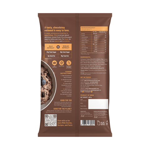 Mille Instant Chocolate Oats with Ragi, Jowar | Power of 5 Grains, Flax seeds, Almonds & Raisins | 100% real cocoa | Breakfast Oats 400g