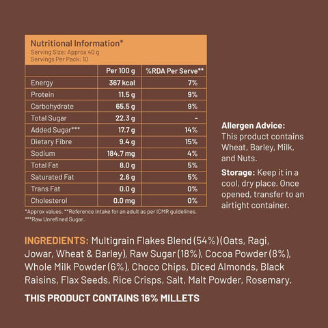 Mille Instant Chocolate Oats with Ragi, Jowar | Power of 5 Grains, Flax seeds, Almonds & Raisins | 100% real cocoa | Breakfast Oats 400g