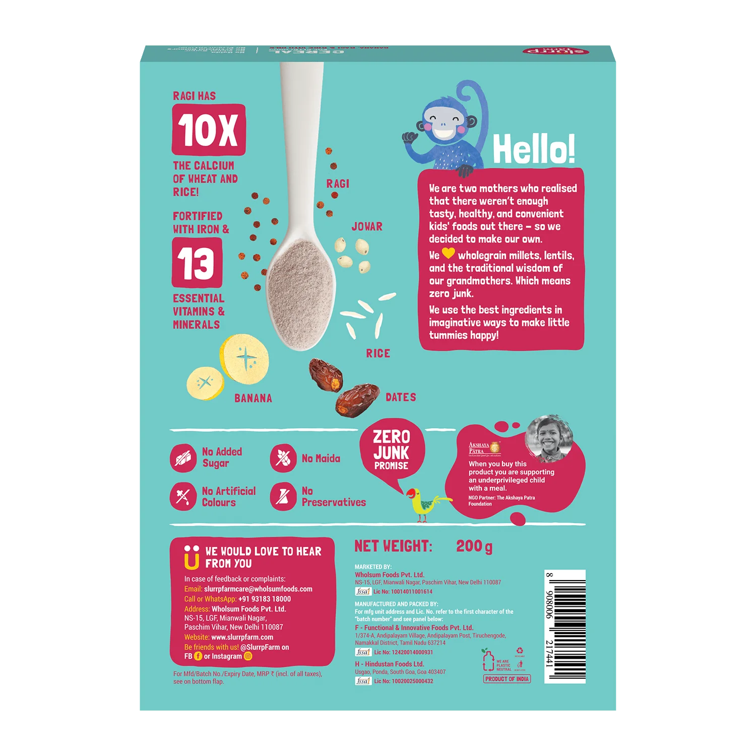 Slurrp Farm Cereal pack of 1 Banana, Ragi and Rice Cereal with Milk