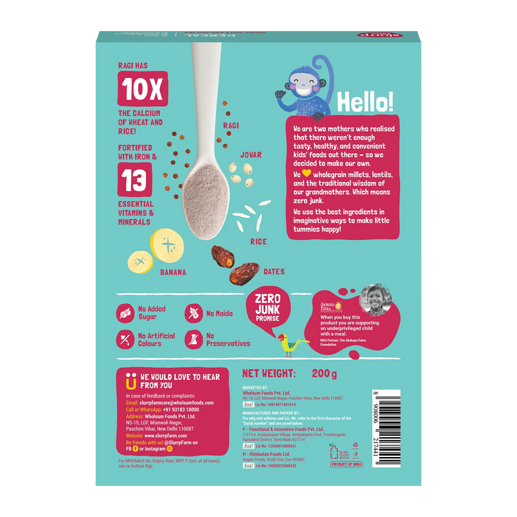 Slurrp Farm Cereal pack of 1 Banana, Ragi and Rice Cereal with Milk